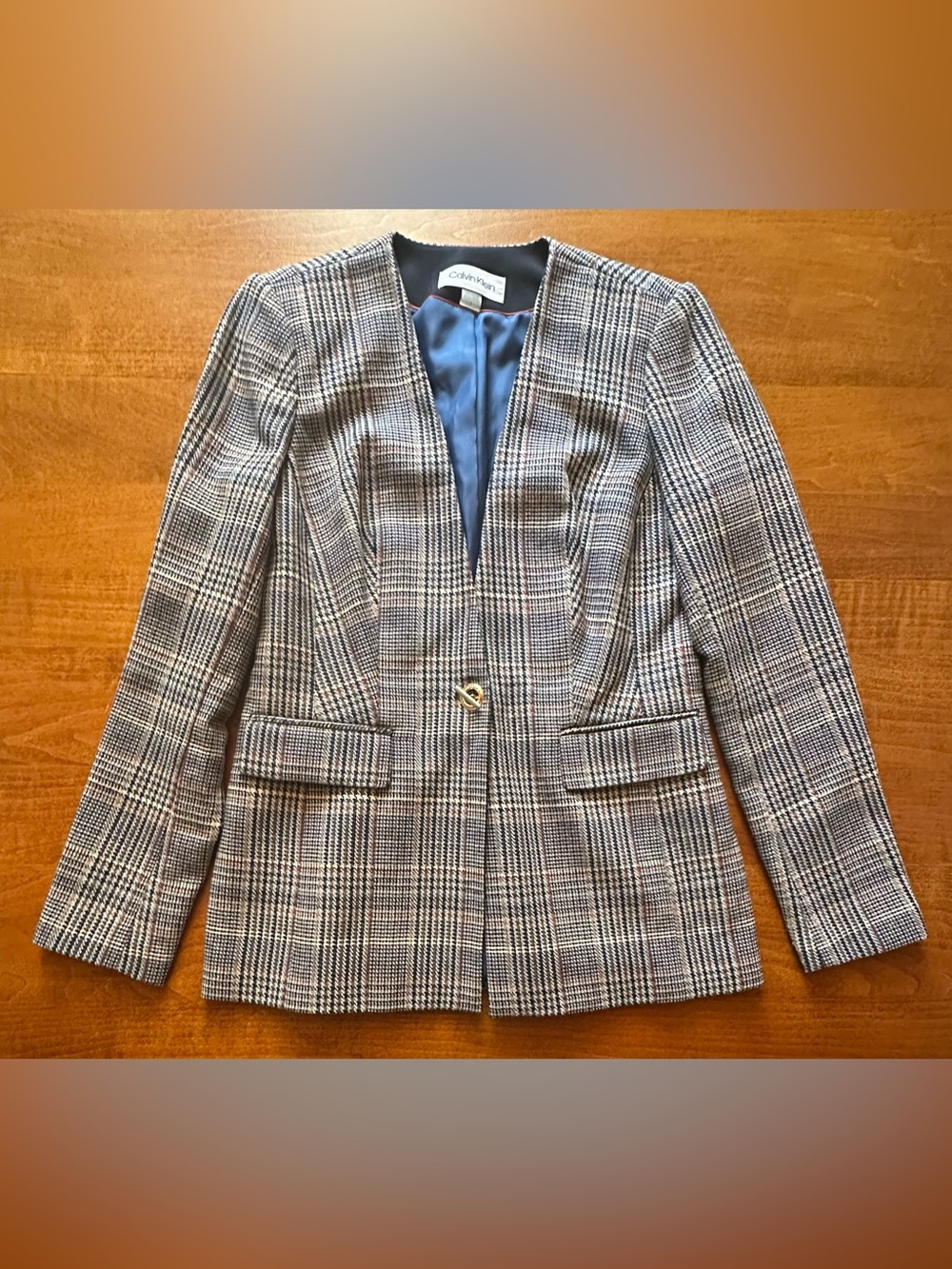Calvin Klein•Glen check blazer•size 2•multi-color•blue lining•toggle•structured